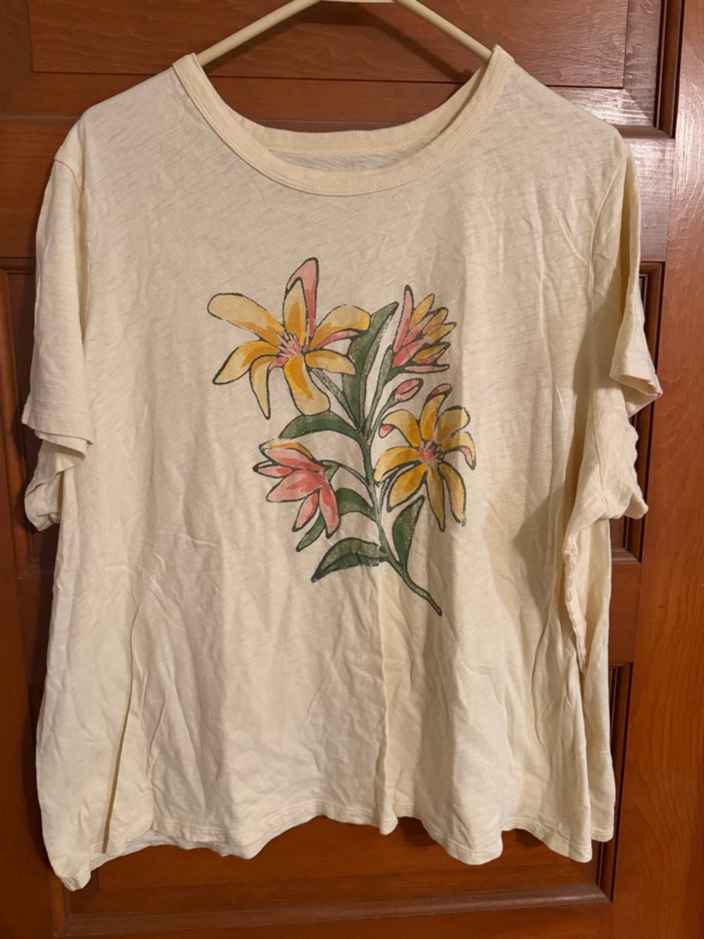 Old Navy Cream Short Sleeve Tee with Pink and Yellow Floral Print